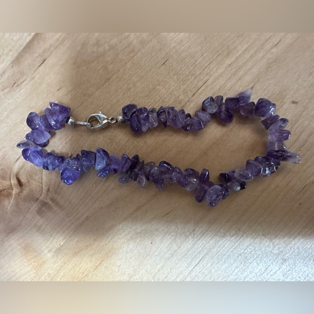 Vintage Genuine Purple Amethyst Stone Chip Bead Clasp Bracelet Jewelry
